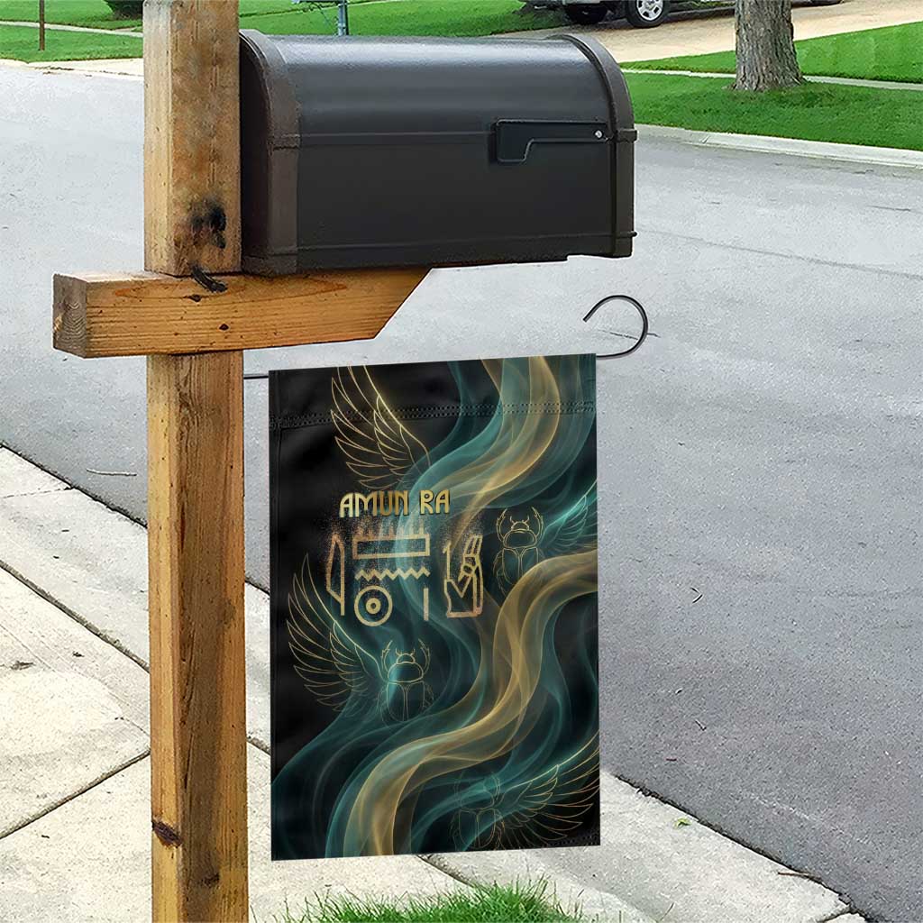 Amun Ancient Egyptian Garden Flag with Mystical Smoke Swirl Pattern, Fiery Ram Head, and Hieroglyphic - African Pride