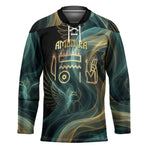 Amun Ancient Egyptian Hockey Jersey with Mystical Smoke Swirl Pattern, Fiery Ram Head, and Hieroglyphic - African Pride