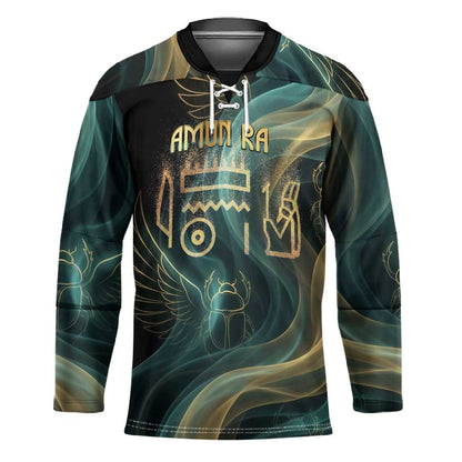 Amun Ancient Egyptian Hockey Jersey with Mystical Smoke Swirl Pattern, Fiery Ram Head, and Hieroglyphic - African Pride