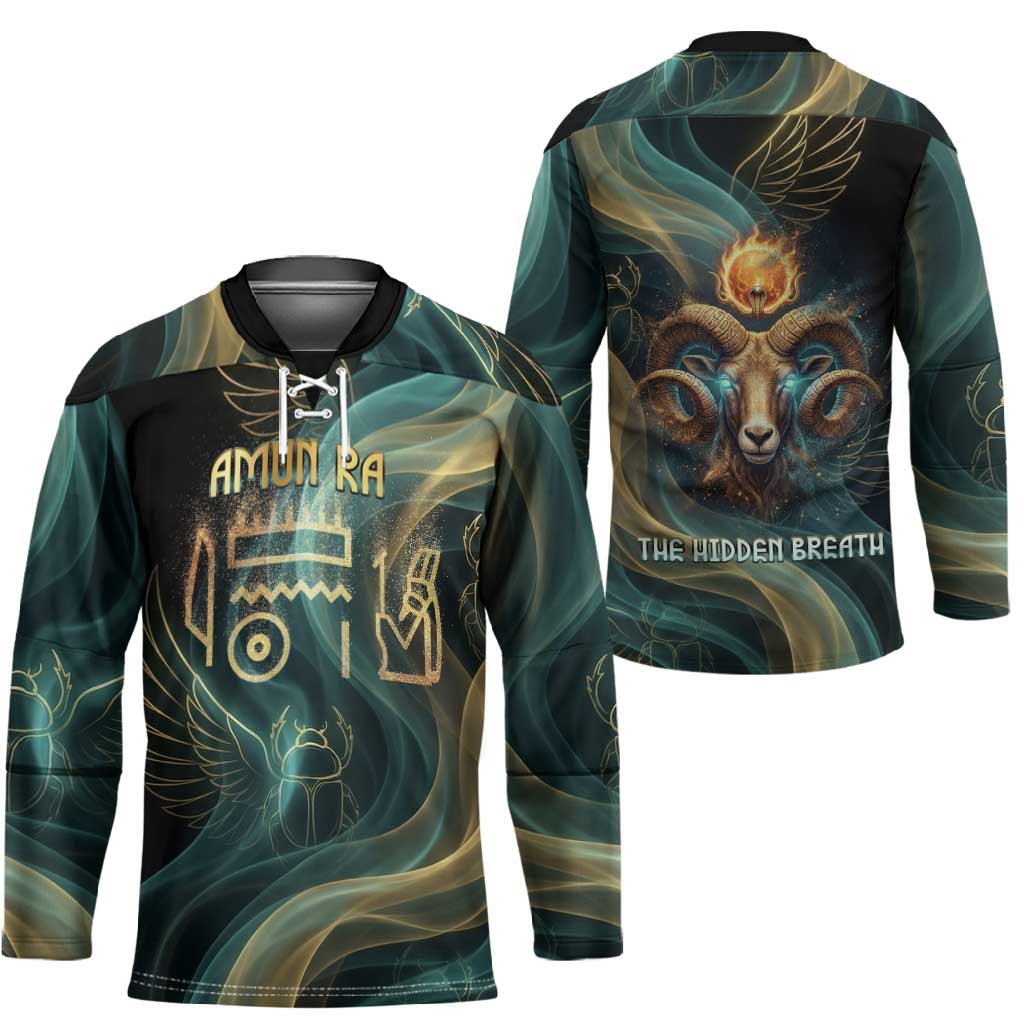 Amun Ancient Egyptian Hockey Jersey with Mystical Smoke Swirl Pattern, Fiery Ram Head, and Hieroglyphic - African Pride