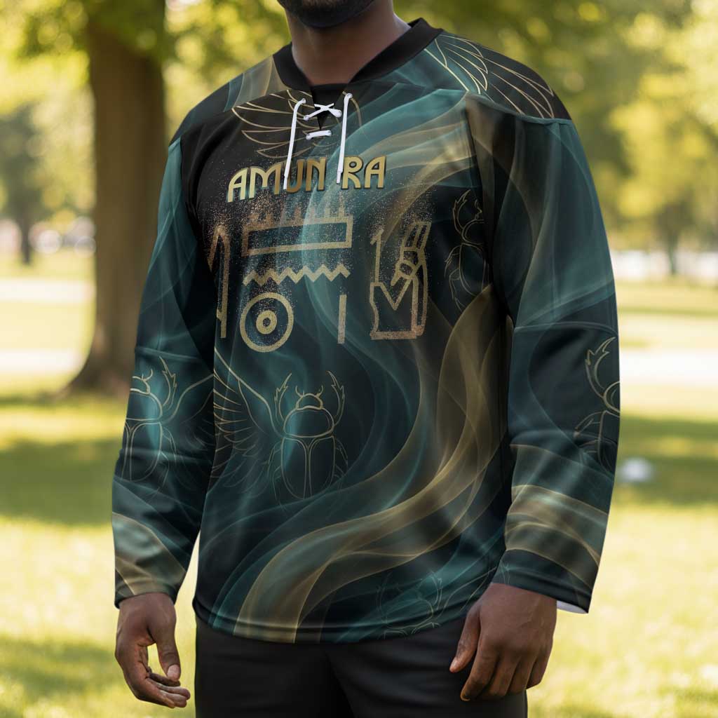 Amun Ancient Egyptian Hockey Jersey with Mystical Smoke Swirl Pattern, Fiery Ram Head, and Hieroglyphic - African Pride
