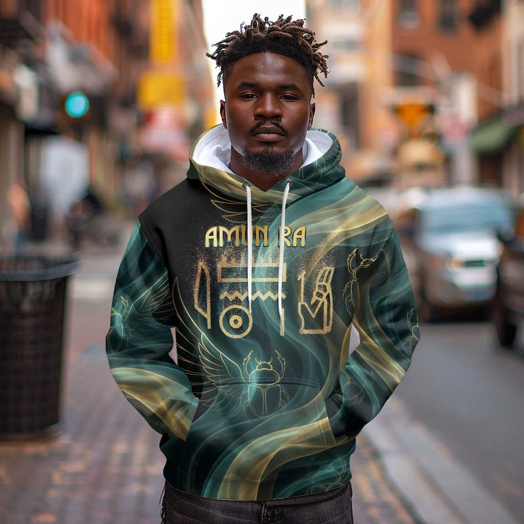 Amun Ancient Egyptian Hoodie with Mystical Smoke Swirl Pattern, Fiery Ram Head, and Hieroglyphic - African Pride