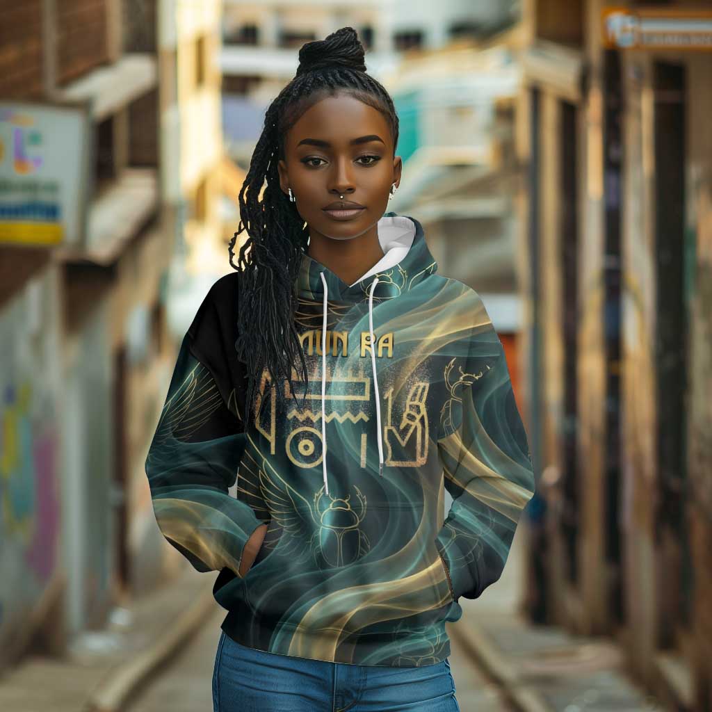 Amun Ancient Egyptian Hoodie with Mystical Smoke Swirl Pattern, Fiery Ram Head, and Hieroglyphic - African Pride