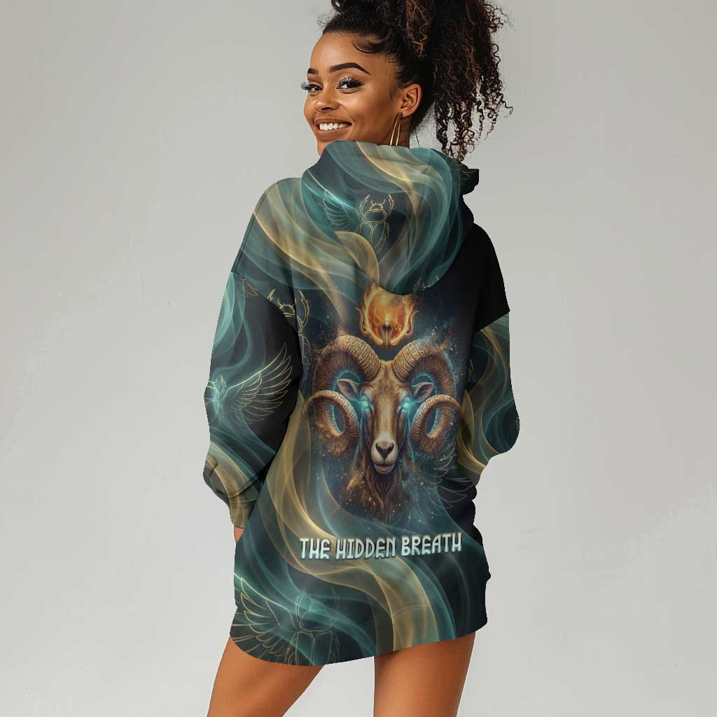 Amun Ancient Egyptian Hoodie Dress with Mystical Smoke Swirl Pattern, Fiery Ram Head, and Hieroglyphic - African Pride