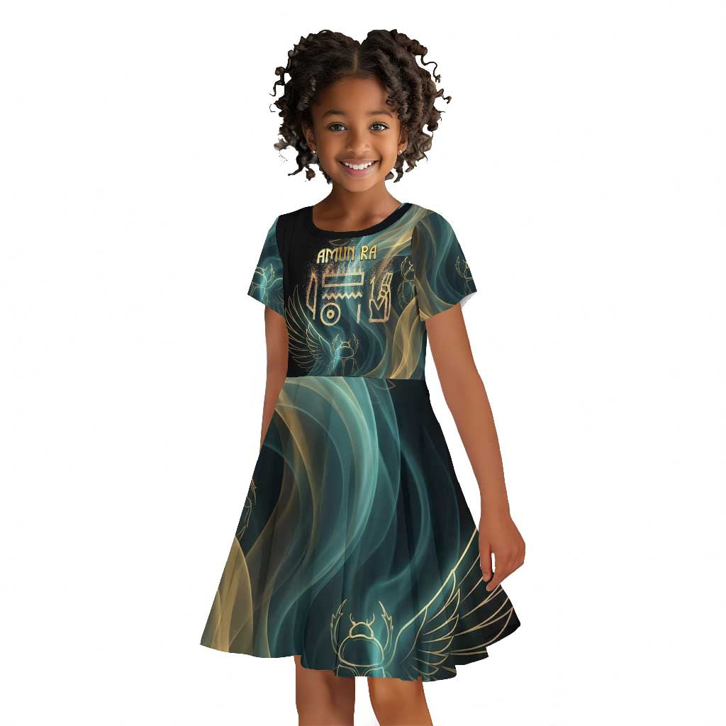 Amun Ancient Egyptian Kid Short Sleeve Dress with Mystical Smoke Swirl Pattern, Fiery Ram Head, and Hieroglyphic - African Pride