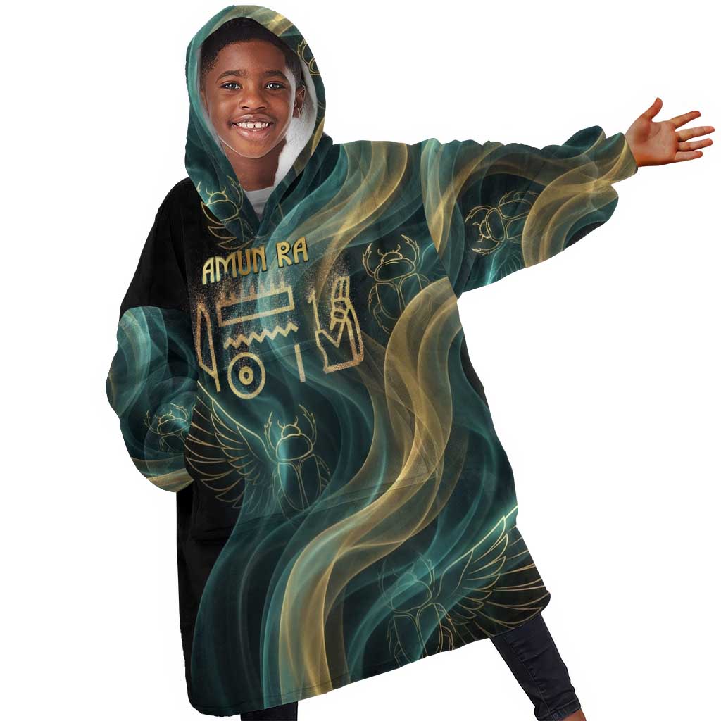 Amun Ancient Egyptian Kid Wearable Blanket Hoodie with Mystical Smoke Swirl Pattern, Fiery Ram Head, and Hieroglyphic - African Pride