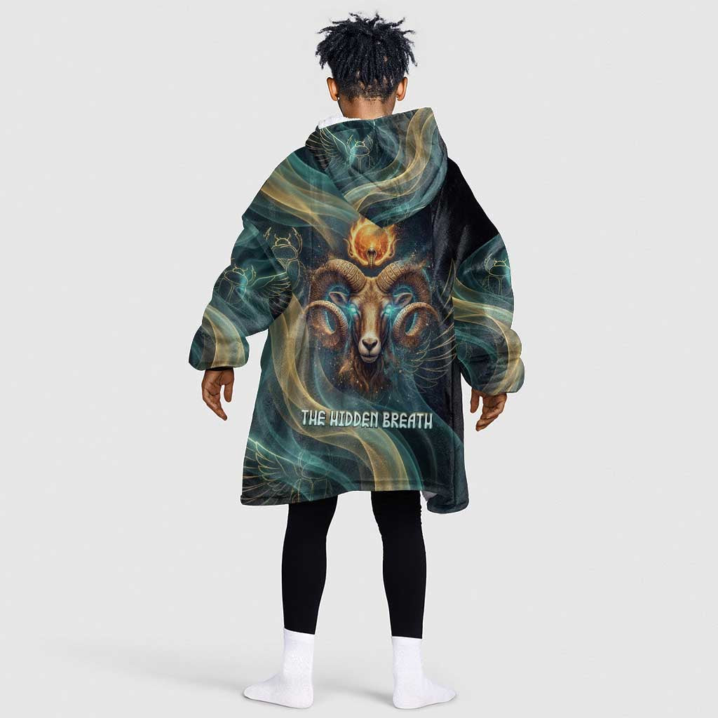 Amun Ancient Egyptian Kid Wearable Blanket Hoodie with Mystical Smoke Swirl Pattern, Fiery Ram Head, and Hieroglyphic - African Pride