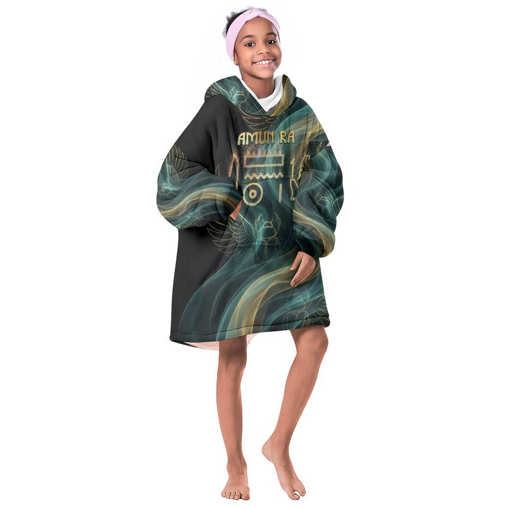 Amun Ancient Egyptian Kid Wearable Blanket Hoodie with Mystical Smoke Swirl Pattern, Fiery Ram Head, and Hieroglyphic - African Pride
