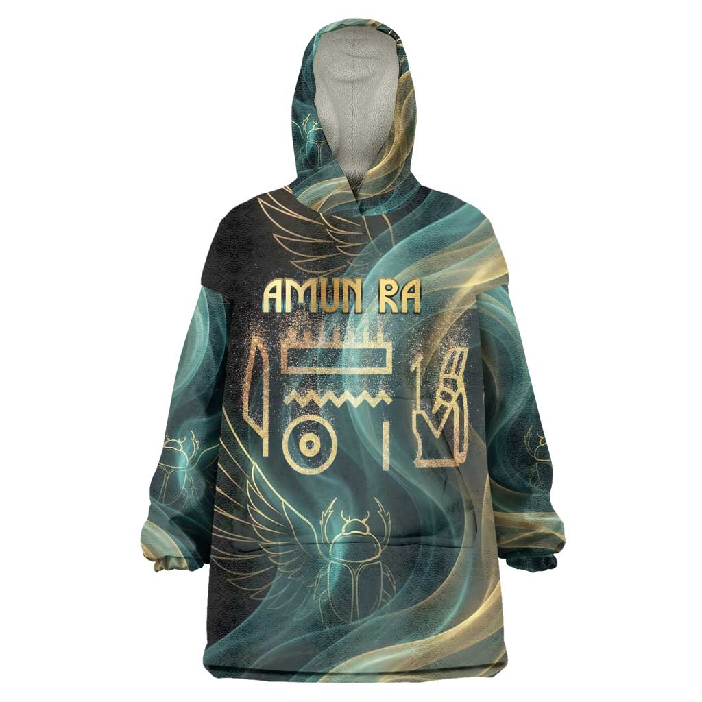 Amun Ancient Egyptian Kid Wearable Blanket Hoodie with Mystical Smoke Swirl Pattern, Fiery Ram Head, and Hieroglyphic - African Pride