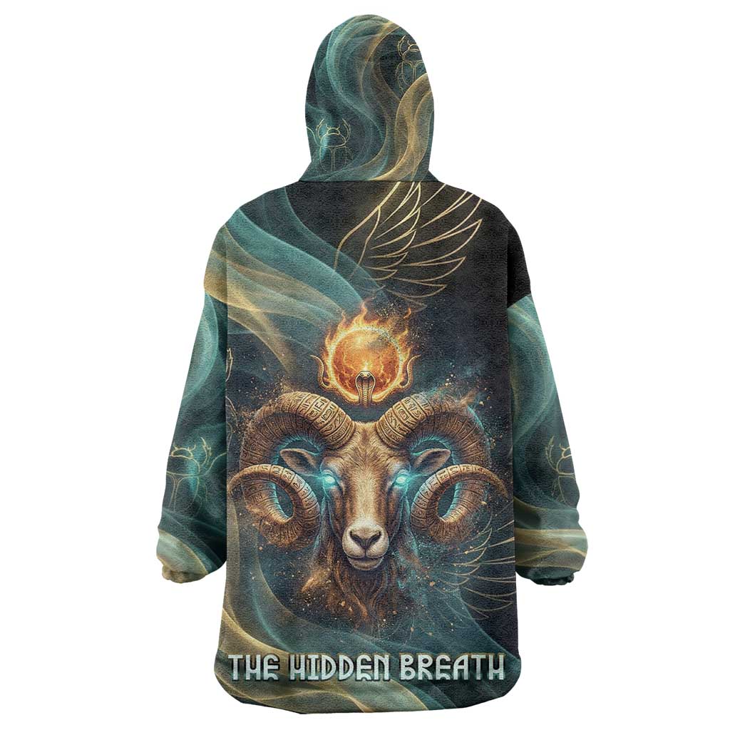 Amun Ancient Egyptian Kid Wearable Blanket Hoodie with Mystical Smoke Swirl Pattern, Fiery Ram Head, and Hieroglyphic - African Pride