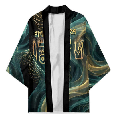 Amun Ancient Egyptian Kimono with Mystical Smoke Swirl Pattern, Fiery Ram Head, and Hieroglyphic - African Pride