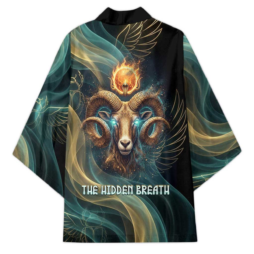 Amun Ancient Egyptian Kimono with Mystical Smoke Swirl Pattern, Fiery Ram Head, and Hieroglyphic - African Pride