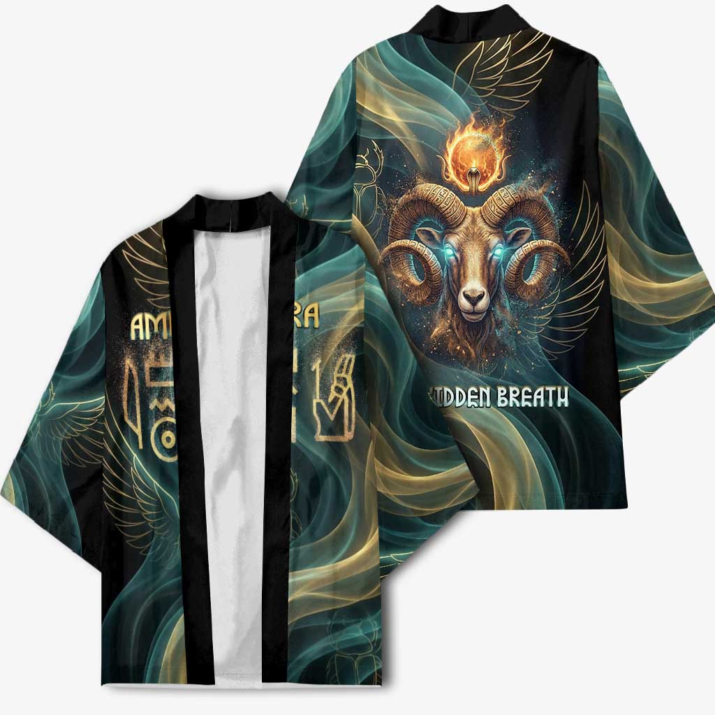 Amun Ancient Egyptian Kimono with Mystical Smoke Swirl Pattern, Fiery Ram Head, and Hieroglyphic - African Pride