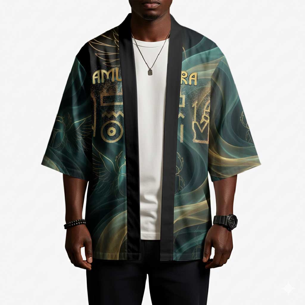 Amun Ancient Egyptian Kimono with Mystical Smoke Swirl Pattern, Fiery Ram Head, and Hieroglyphic - African Pride