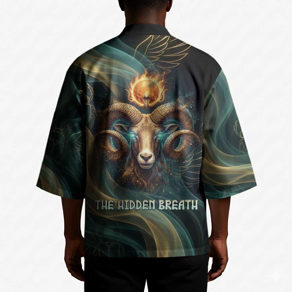 Amun Ancient Egyptian Kimono with Mystical Smoke Swirl Pattern, Fiery Ram Head, and Hieroglyphic - African Pride