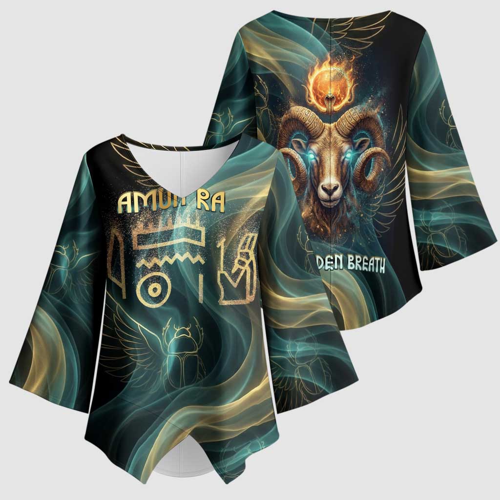 Amun Ancient Egyptian Kimono Sleeve Blouse with Mystical Smoke Swirl Pattern, Fiery Ram Head, and Hieroglyphic - African Pride