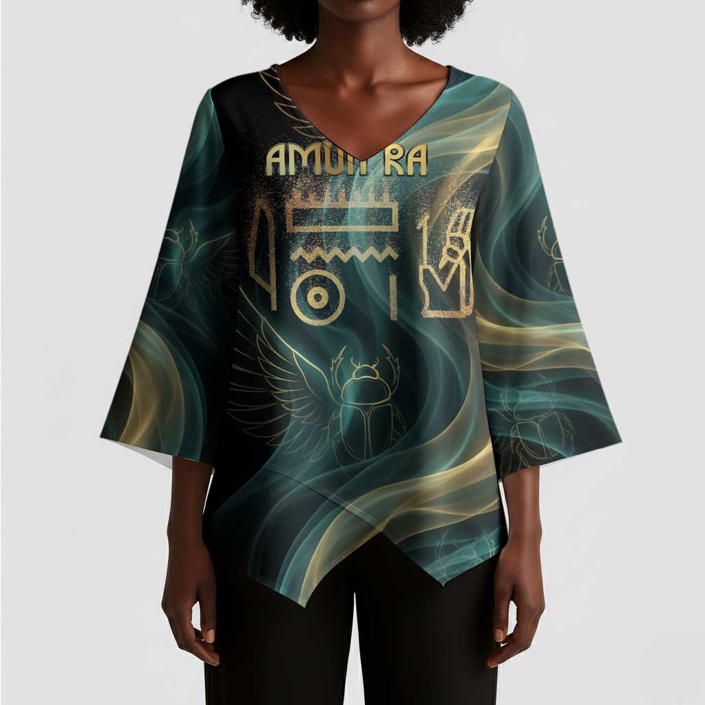 Amun Ancient Egyptian Kimono Sleeve Blouse with Mystical Smoke Swirl Pattern, Fiery Ram Head, and Hieroglyphic - African Pride