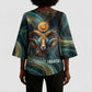 Amun Ancient Egyptian Kimono Sleeve Blouse with Mystical Smoke Swirl Pattern, Fiery Ram Head, and Hieroglyphic - African Pride