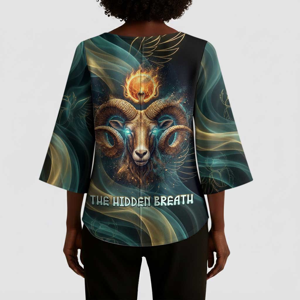 Amun Ancient Egyptian Kimono Sleeve Blouse with Mystical Smoke Swirl Pattern, Fiery Ram Head, and Hieroglyphic - African Pride