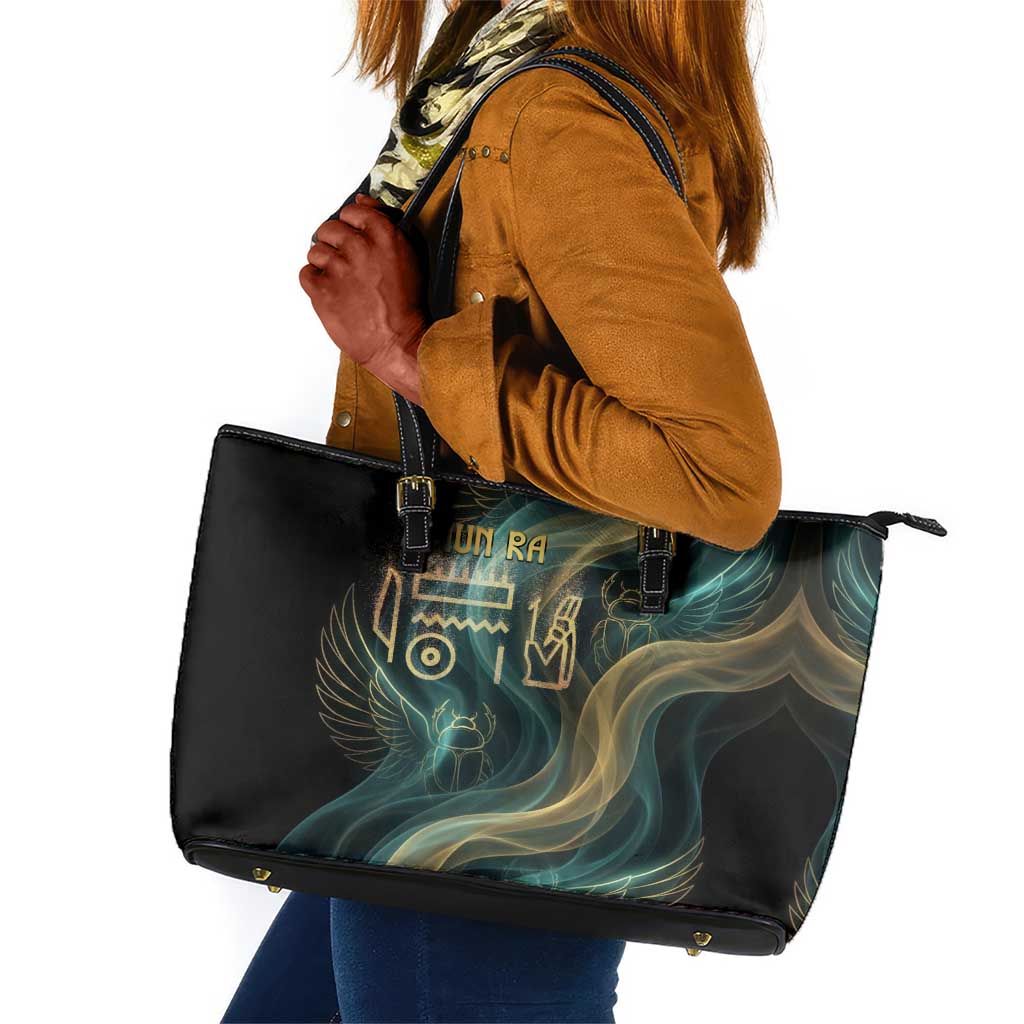 Amun Ancient Egyptian Leather Tote Bag with Mystical Smoke Swirl Pattern, Fiery Ram Head, and Hieroglyphic - African Pride