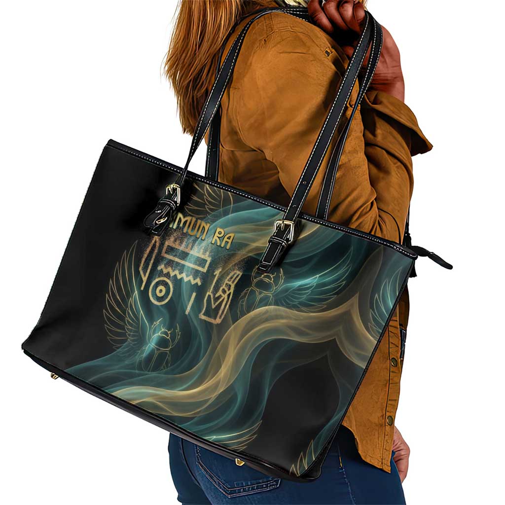 Amun Ancient Egyptian Leather Tote Bag with Mystical Smoke Swirl Pattern, Fiery Ram Head, and Hieroglyphic - African Pride