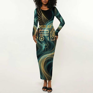 Amun Ancient Egyptian Long Sleeve Bodycon Dress with Mystical Smoke Swirl Pattern, Fiery Ram Head, and Hieroglyphic - African Pride