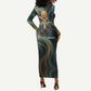 Amun Ancient Egyptian Long Sleeve Bodycon Dress with Mystical Smoke Swirl Pattern, Fiery Ram Head, and Hieroglyphic - African Pride