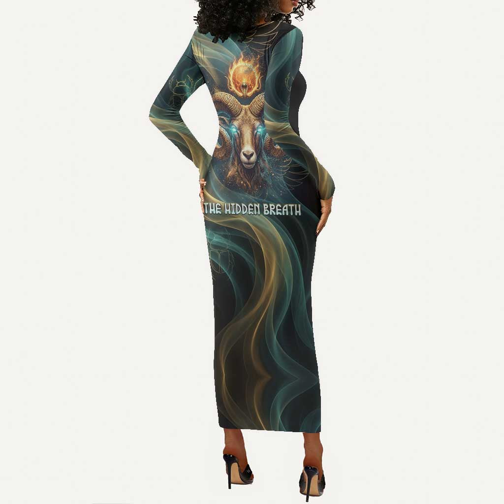 Amun Ancient Egyptian Long Sleeve Bodycon Dress with Mystical Smoke Swirl Pattern, Fiery Ram Head, and Hieroglyphic - African Pride