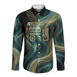Amun Ancient Egyptian Long Sleeve Button Shirt with Mystical Smoke Swirl Pattern, Fiery Ram Head, and Hieroglyphic - African Pride