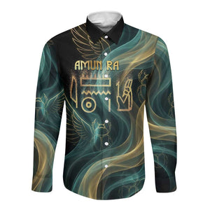 Amun Ancient Egyptian Long Sleeve Button Shirt with Mystical Smoke Swirl Pattern, Fiery Ram Head, and Hieroglyphic - African Pride