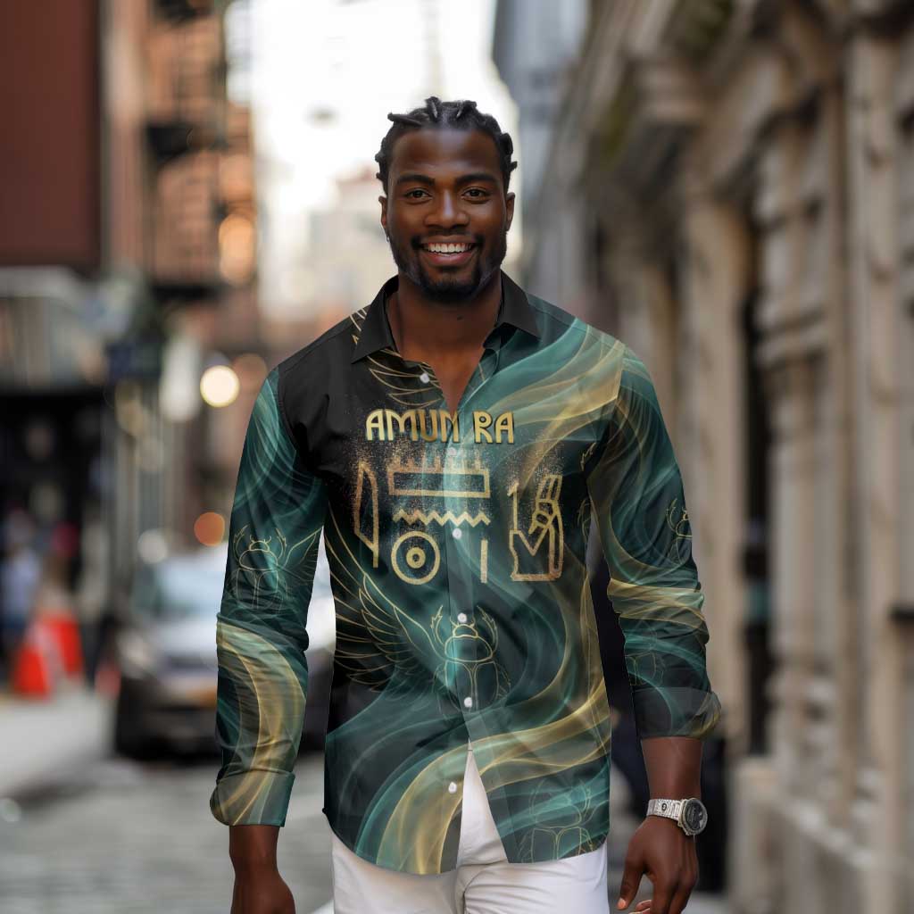 Amun Ancient Egyptian Long Sleeve Button Shirt with Mystical Smoke Swirl Pattern, Fiery Ram Head, and Hieroglyphic - African Pride