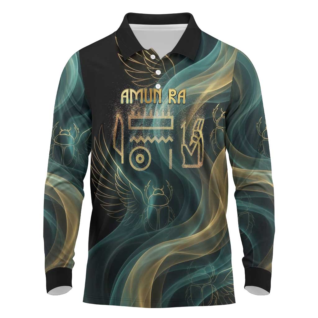 Amun Ancient Egyptian Long Sleeve Polo Shirt with Mystical Smoke Swirl Pattern, Fiery Ram Head, and Hieroglyphic - African Pride