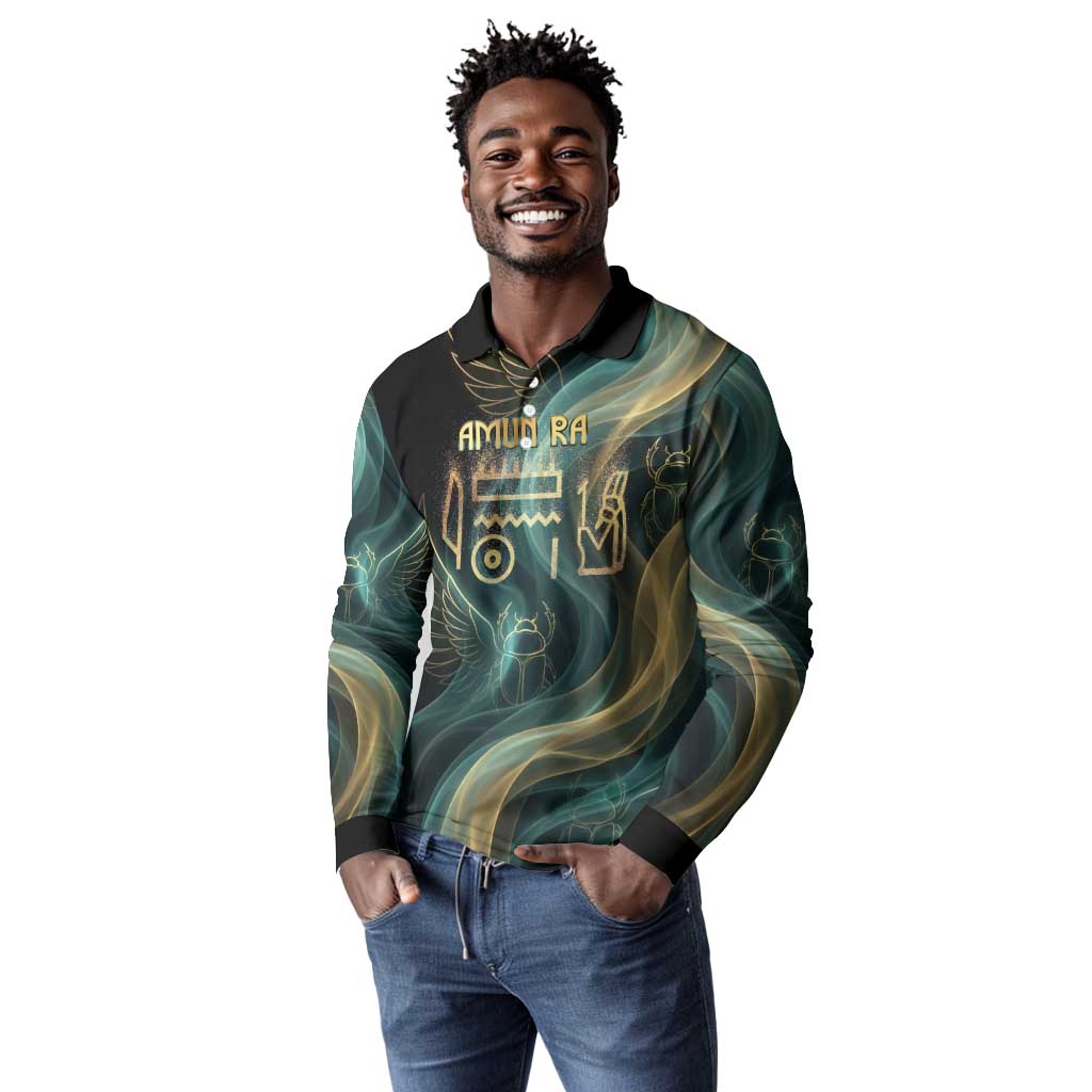 Amun Ancient Egyptian Long Sleeve Polo Shirt with Mystical Smoke Swirl Pattern, Fiery Ram Head, and Hieroglyphic - African Pride
