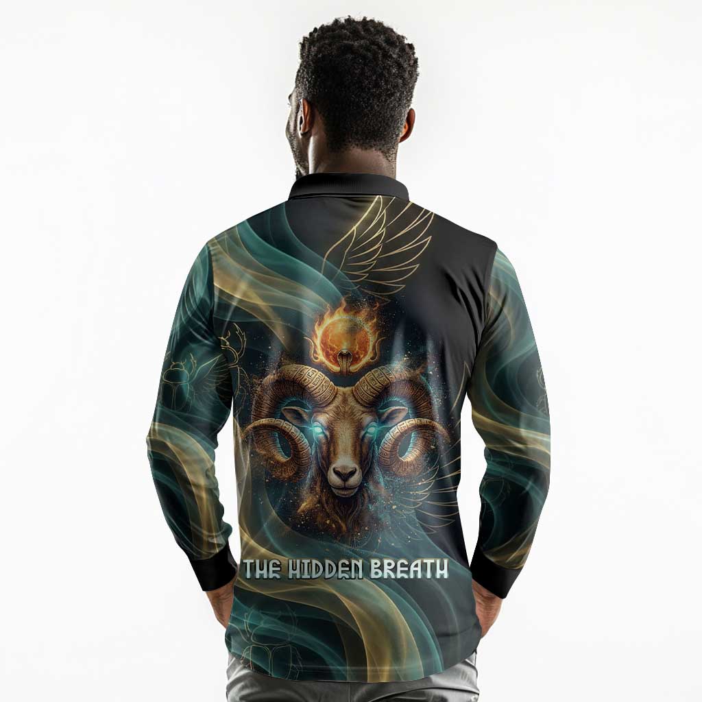 Amun Ancient Egyptian Long Sleeve Polo Shirt with Mystical Smoke Swirl Pattern, Fiery Ram Head, and Hieroglyphic - African Pride