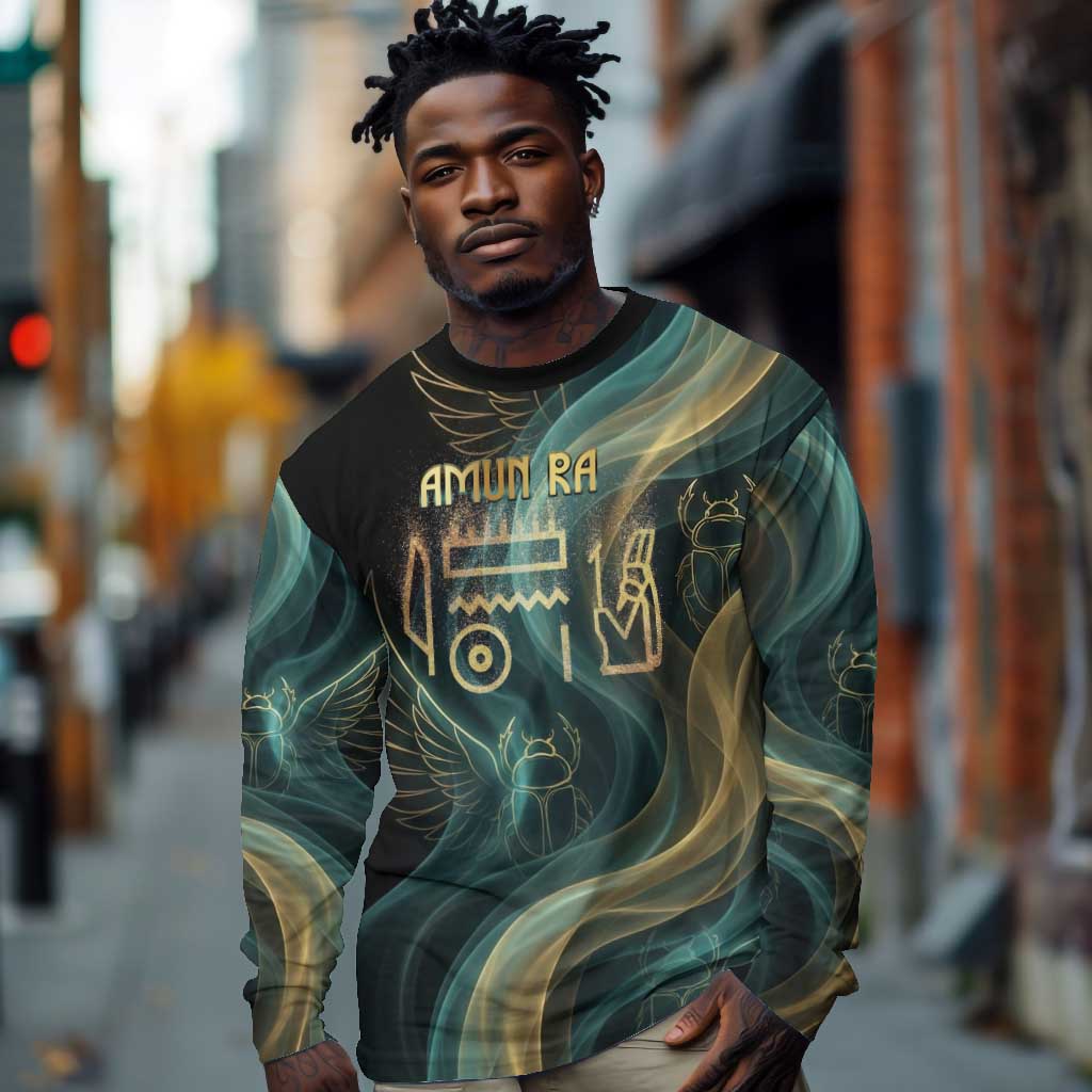 Amun Ancient Egyptian Long Sleeve Shirt with Mystical Smoke Swirl Pattern, Fiery Ram Head, and Hieroglyphic - African Pride