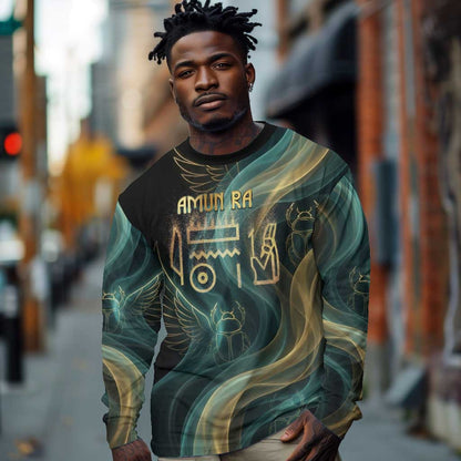 Amun Ancient Egyptian Long Sleeve Shirt with Mystical Smoke Swirl Pattern, Fiery Ram Head, and Hieroglyphic - African Pride