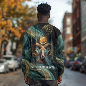 Amun Ancient Egyptian Long Sleeve Shirt with Mystical Smoke Swirl Pattern, Fiery Ram Head, and Hieroglyphic - African Pride