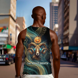 Amun Ancient Egyptian Men Tank Top with Mystical Smoke Swirl Pattern, Fiery Ram Head, and Hieroglyphic - African Pride