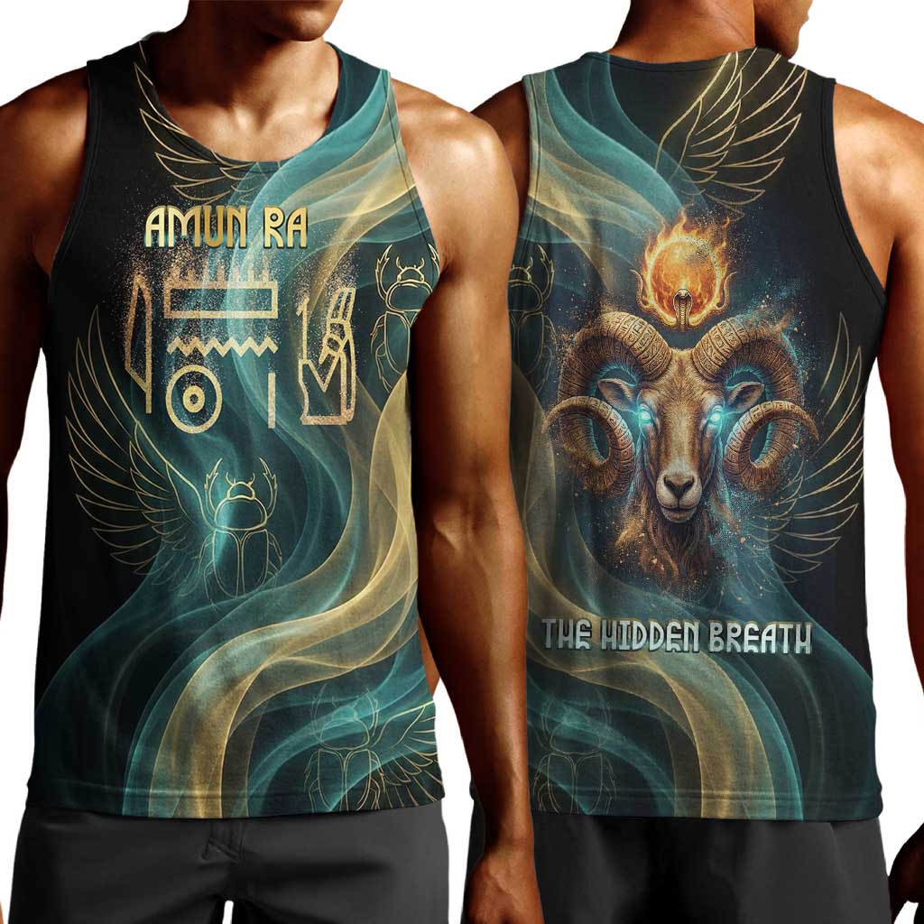 Amun Ancient Egyptian Men Tank Top with Mystical Smoke Swirl Pattern, Fiery Ram Head, and Hieroglyphic - African Pride
