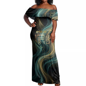 Amun Ancient Egyptian Off Shoulder Maxi Dress with Mystical Smoke Swirl Pattern, Fiery Ram Head, and Hieroglyphic - African Pride