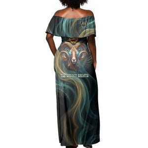 Amun Ancient Egyptian Off Shoulder Maxi Dress with Mystical Smoke Swirl Pattern, Fiery Ram Head, and Hieroglyphic - African Pride