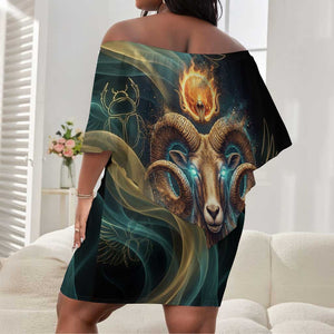 Amun Ancient Egyptian Off Shoulder Short Dress with Mystical Smoke Swirl Pattern, Fiery Ram Head, and Hieroglyphic - African Pride