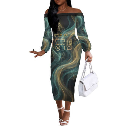 Amun Ancient Egyptian Off The Shoulder Long Sleeve Dress with Mystical Smoke Swirl Pattern, Fiery Ram Head, and Hieroglyphic - African Pride