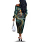 Amun Ancient Egyptian Off The Shoulder Long Sleeve Dress with Mystical Smoke Swirl Pattern, Fiery Ram Head, and Hieroglyphic - African Pride
