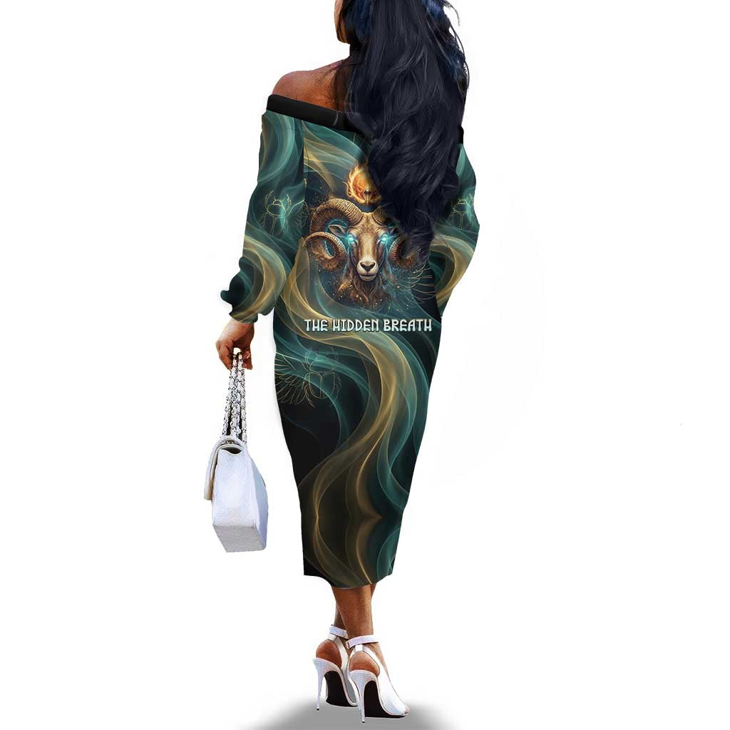 Amun Ancient Egyptian Off The Shoulder Long Sleeve Dress with Mystical Smoke Swirl Pattern, Fiery Ram Head, and Hieroglyphic - African Pride