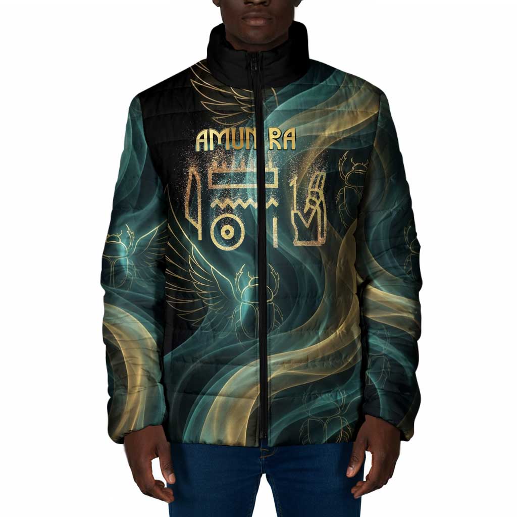 Amun Ancient Egyptian Padded Jacket with Mystical Smoke Swirl Pattern, Fiery Ram Head, and Hieroglyphic - African Pride