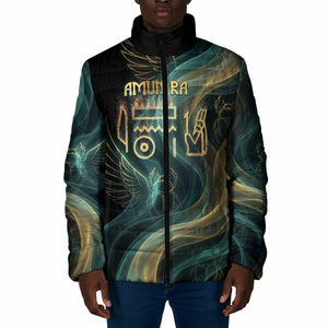 Amun Ancient Egyptian Padded Jacket with Mystical Smoke Swirl Pattern, Fiery Ram Head, and Hieroglyphic - African Pride