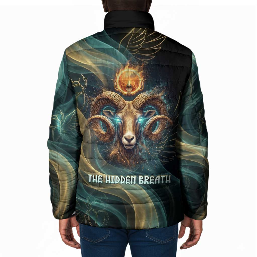 Amun Ancient Egyptian Padded Jacket with Mystical Smoke Swirl Pattern, Fiery Ram Head, and Hieroglyphic - African Pride