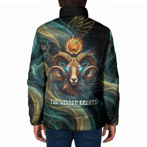 Amun Ancient Egyptian Padded Jacket with Mystical Smoke Swirl Pattern, Fiery Ram Head, and Hieroglyphic - African Pride