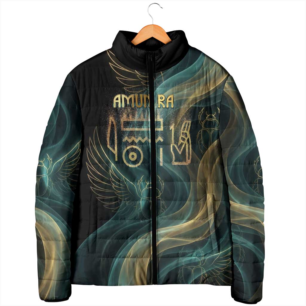 Amun Ancient Egyptian Padded Jacket with Mystical Smoke Swirl Pattern, Fiery Ram Head, and Hieroglyphic - African Pride